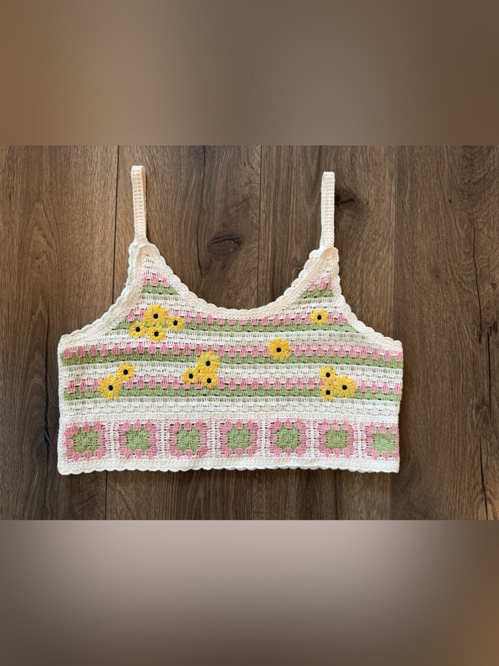 Good Luck Gem Crochet Floral Tank Top size M Boho Cottagecore Granny Square